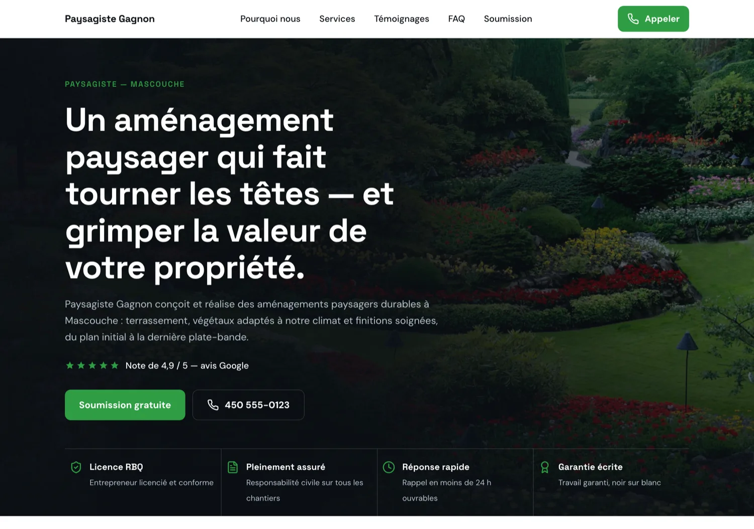 Aperçu d'un site modèle livré pour un paysagiste